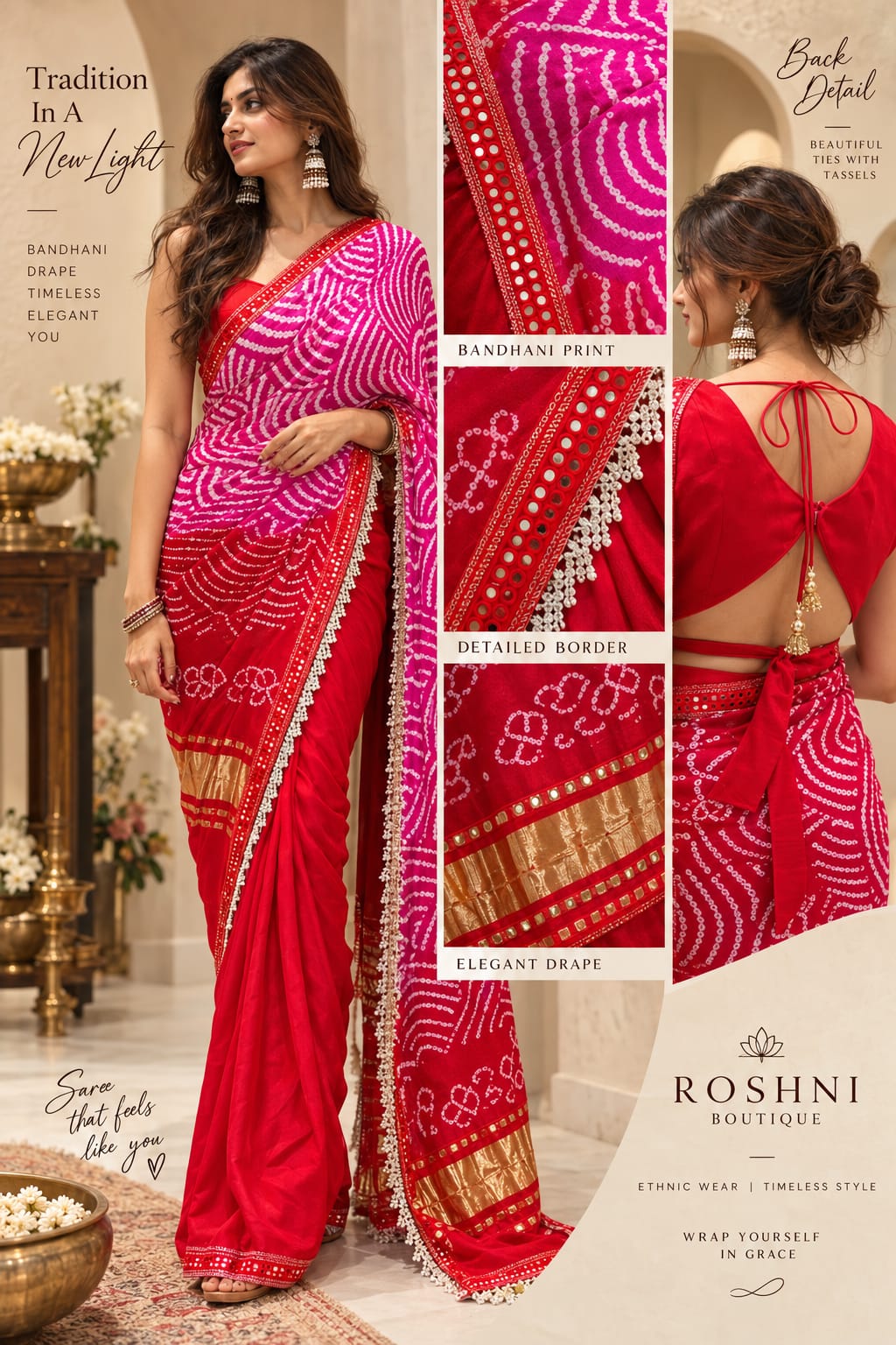 Hot Red Back Bow Style Pure Organza Stitched Blouse With Bandhej Printed Saree With Pearl Accented Tassel Bordered- 15083