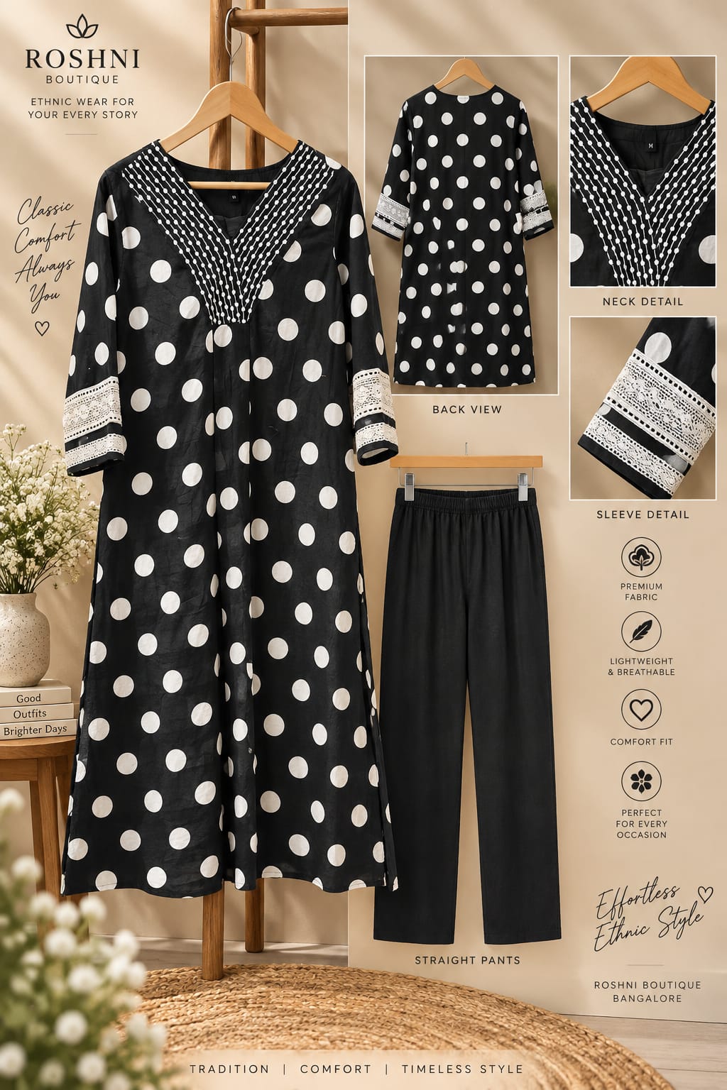 Polka Prints Crosia Lace Work Over Sleeves A-Line Cotton Kurta Pant Set- 16368