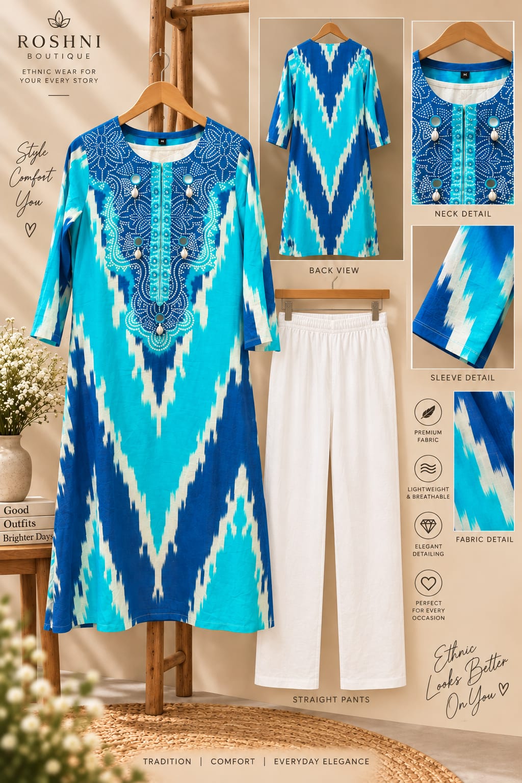 Dual Blue Tone Ikkat With Minimal Bandhani Print Yoke A-Line Cotton Kurta Pant Set- 16365