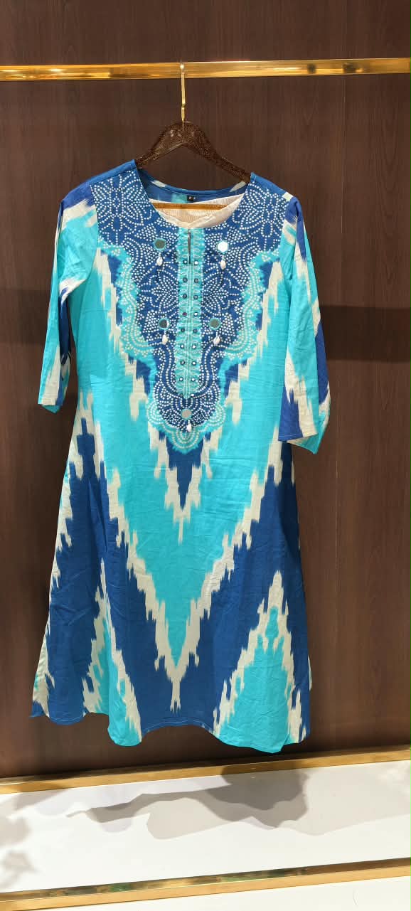 Dual Blue Tone Ikkat With Minimal Bandhani Print Yoke A-Line Cotton Kurta Pant Set- 16365