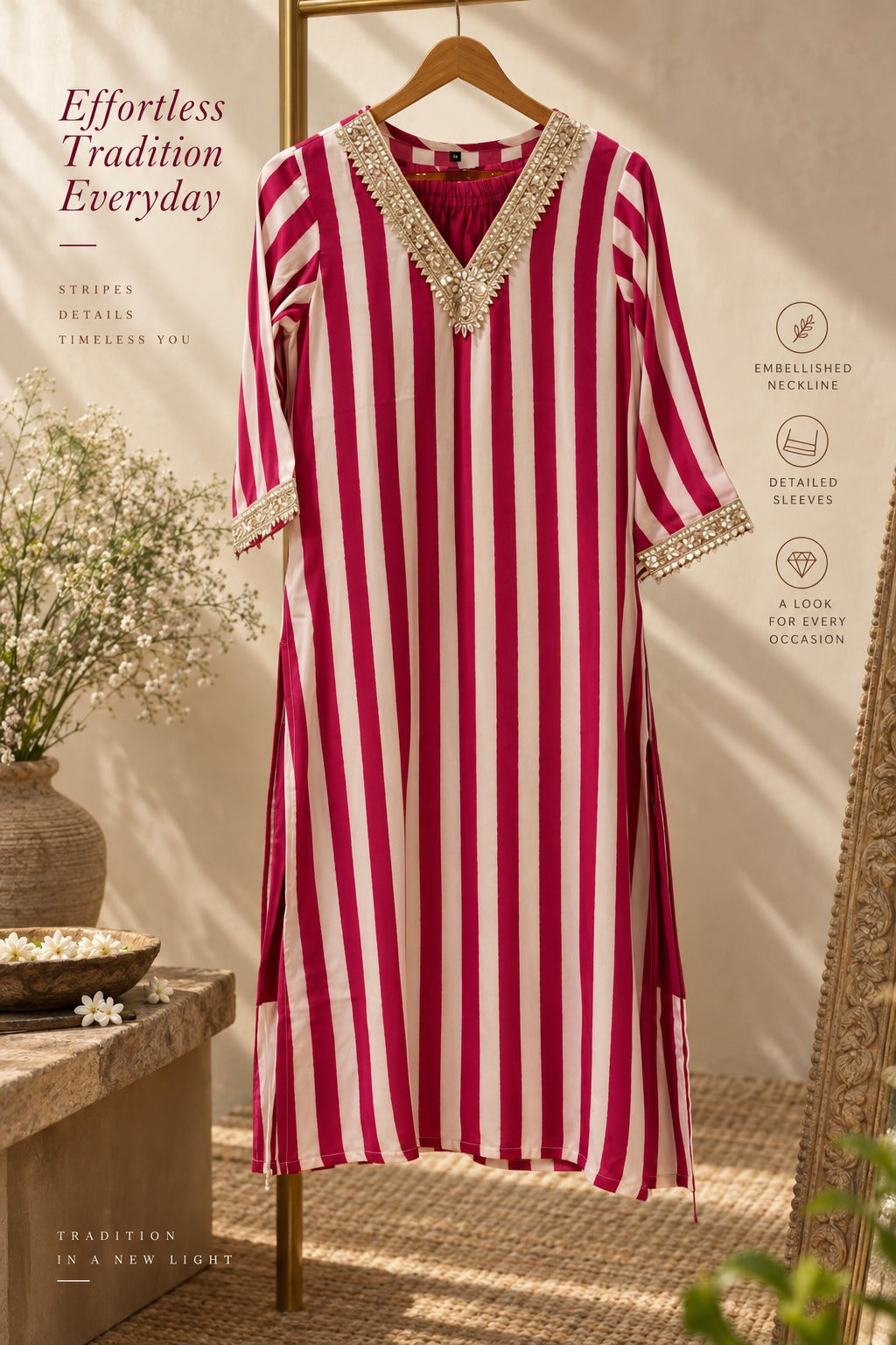 Gotta Work Lace V-Neck Linear Striped Chic Kurta Pant Set In Muslin Fabric- 16429