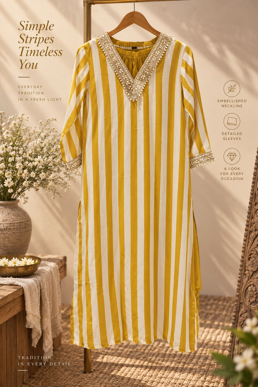 Gotta Work Lace V-Neck Linear Striped Chic Kurta Pant Set In Muslin Fabric- 16429