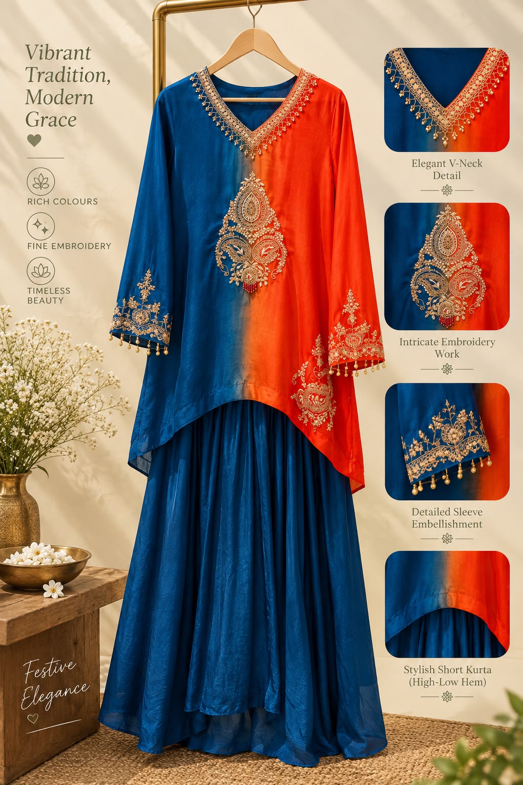 Delicate Zardosi Kundan Look Embroidered Work Twin Contrasted Indo-Wear High-Low Kurta With Drape Bottom- 16415