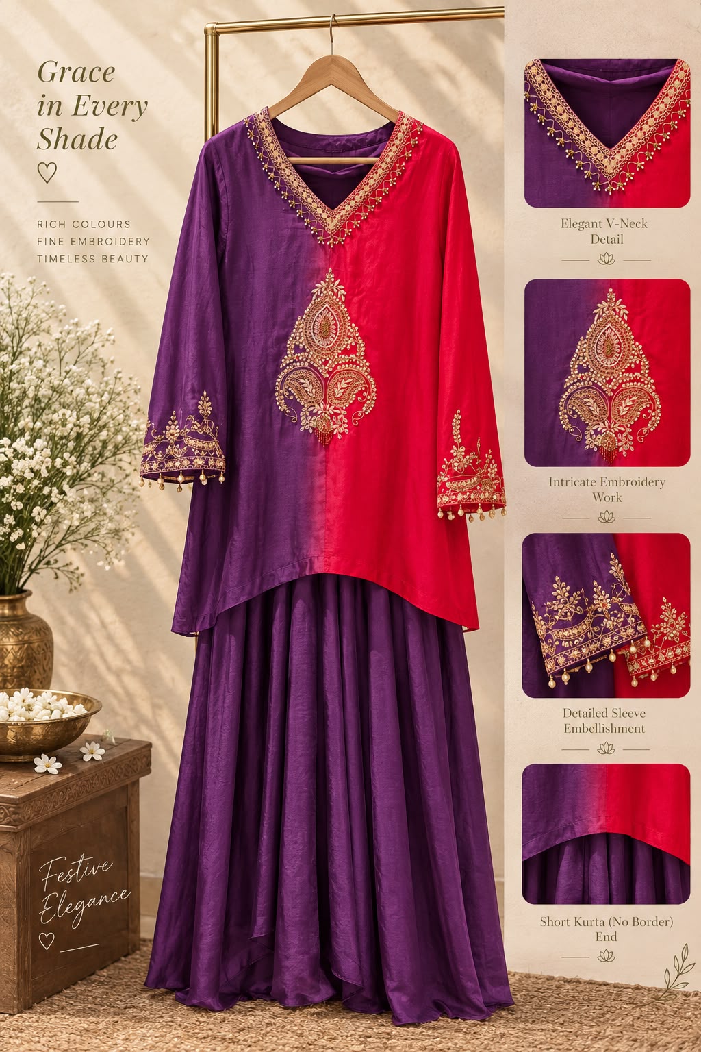 Delicate Zardosi Kundan Look Embroidered Work Twin Contrasted Indo-Wear High-Low Kurta With Drape Bottom- 16415