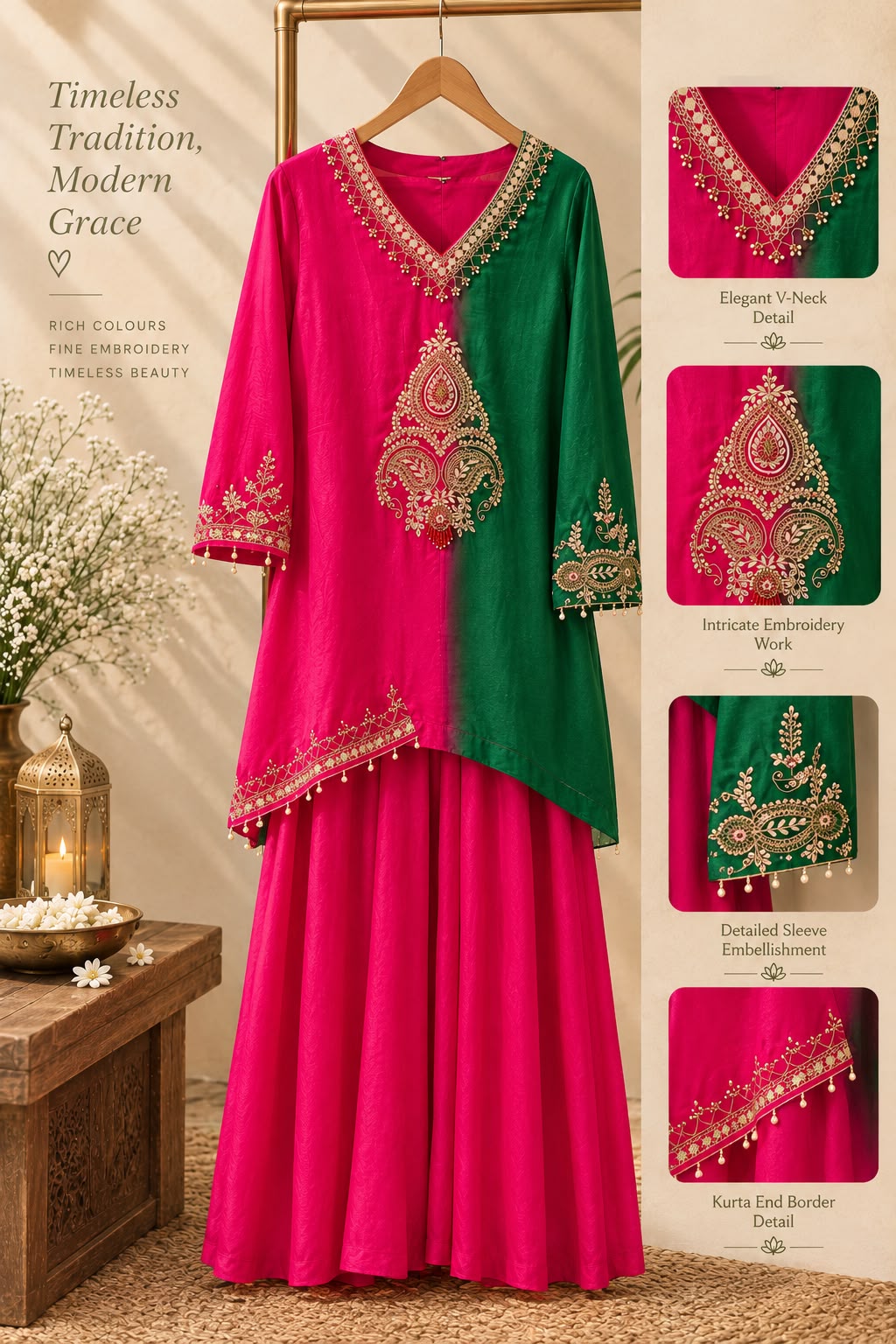 Delicate Zardosi Kundan Look Embroidered Work Twin Contrasted Indo-Wear High-Low Kurta With Drape Bottom- 16415