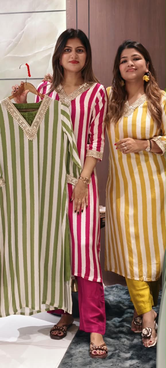 Gotta Work Lace V-Neck Linear Striped Chic Kurta Pant Set In Muslin Fabric- 16429
