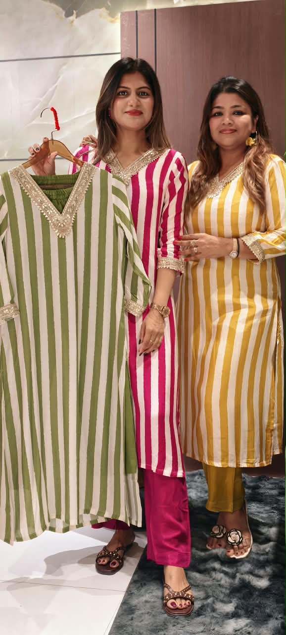 Gotta Work Lace V-Neck Linear Striped Chic Kurta Pant Set In Muslin Fabric- 16429