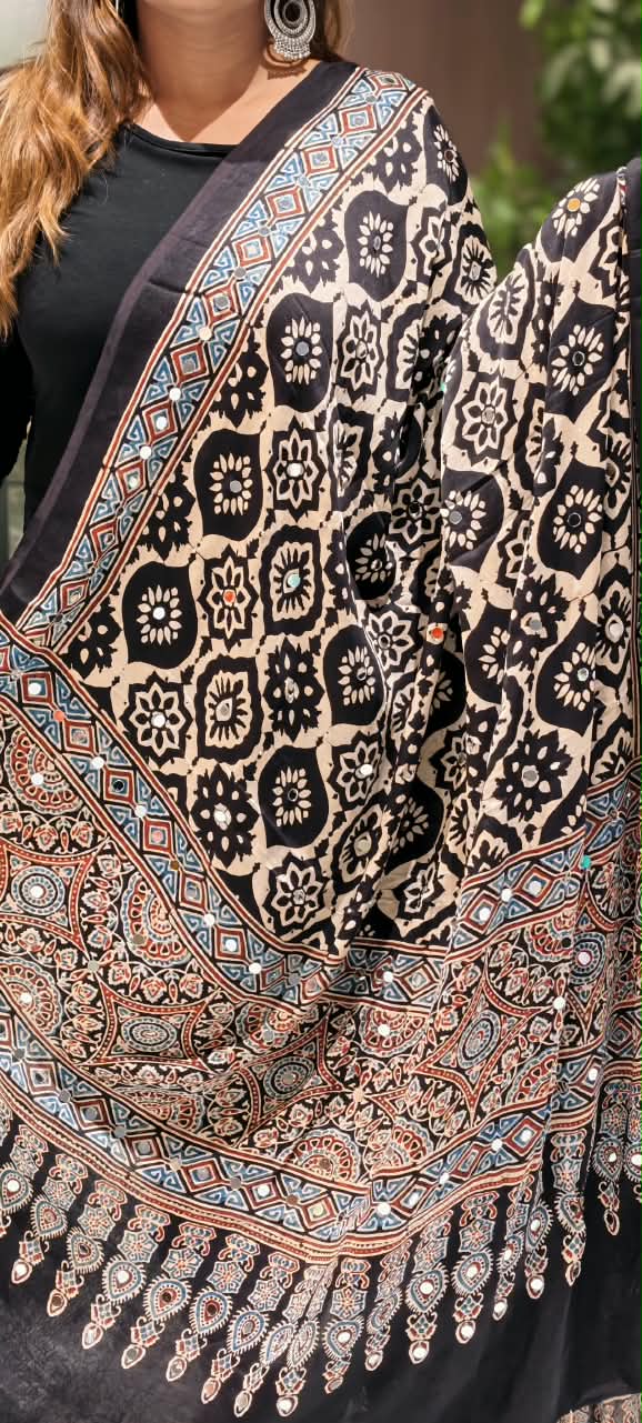Ajrakh Block Printed Mural Satin Ajrak Print  Silk Dupatta Only With Mirror Work & Tassels- 16398