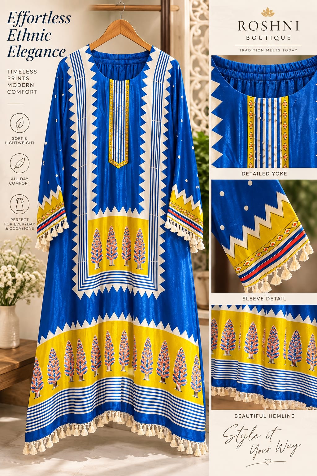 Royal Blue Yellow Zig-Zag Geometric Prints Gajji Silk A-Line Kurta Pant Set- 16290