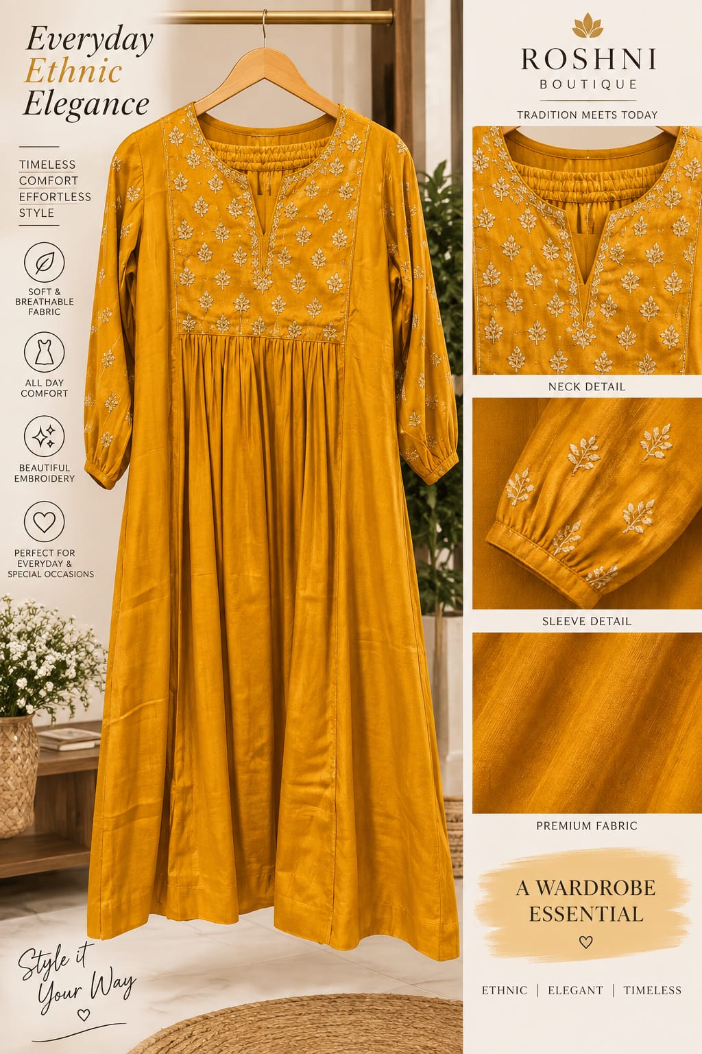 Mustard & Fuschia Delicate Golden Embeoidery Yoke Pleated A-Line Kurta Pant Set- 16422