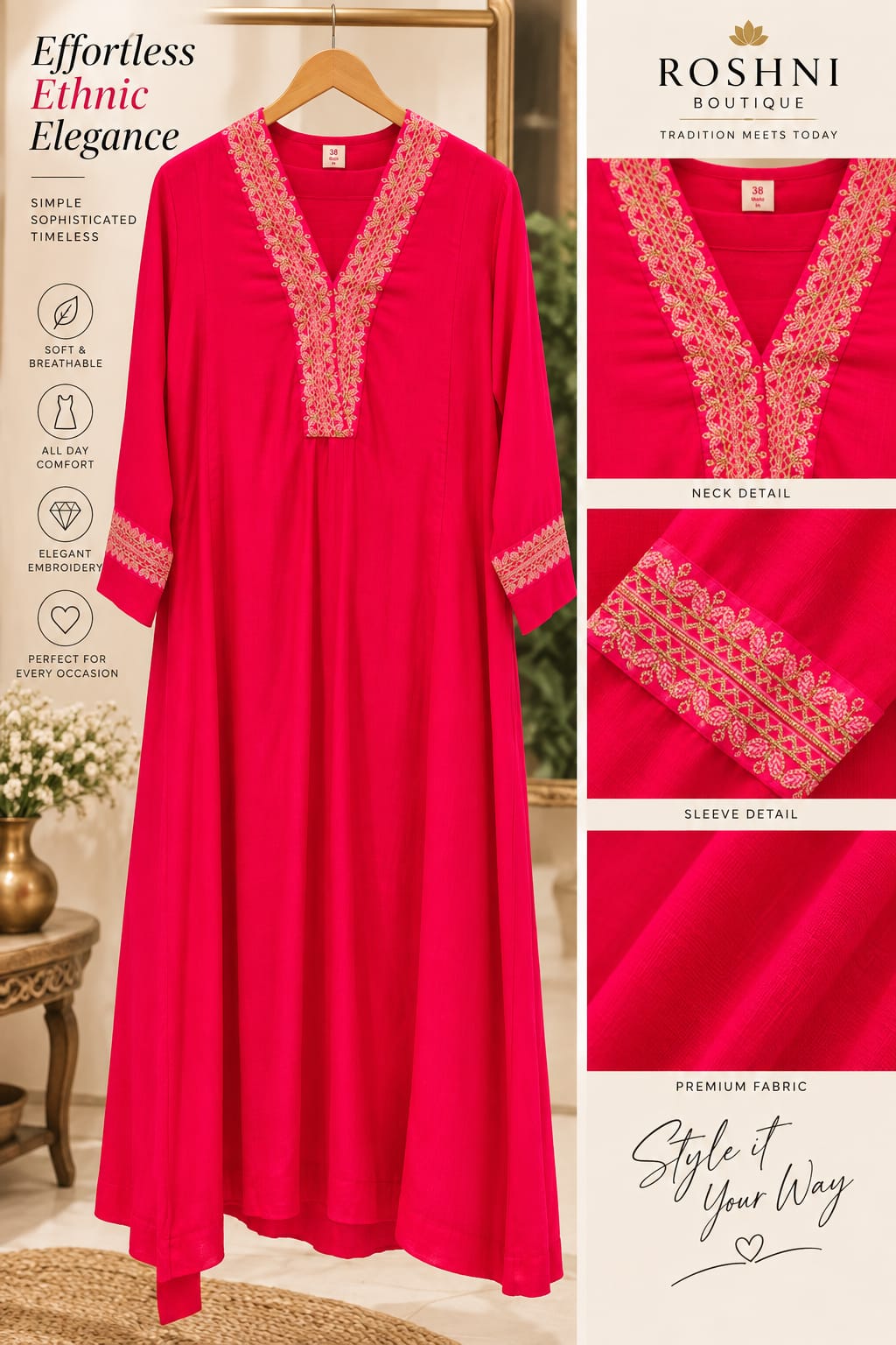 Fuschia Pink Minimal Neckline Embroidery A-Line Kurta Pant Set- 15819