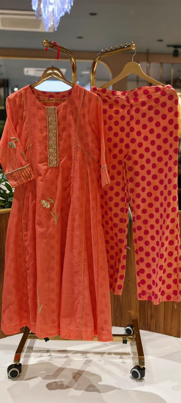 Graceful Peach Golden Zarina Embroidered Detailing Kota Doria A-Line Kurta Pant Set- 16404
