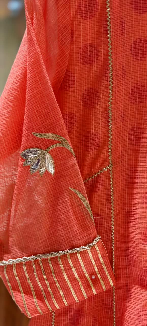 Graceful Peach Golden Zarina Embroidered Detailing Kota Doria A-Line Kurta Pant Set- 16404
