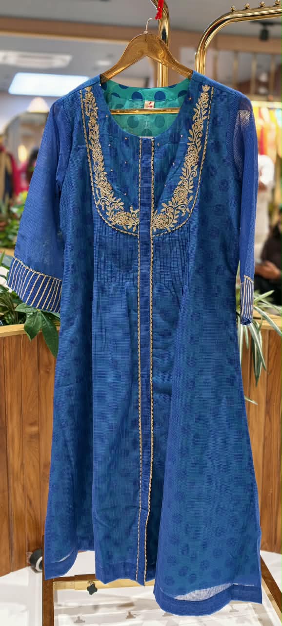 Kota Doria Blue Elegance Golden Embroidery U-Yoke A-Line Kurta Pant Set- 16439