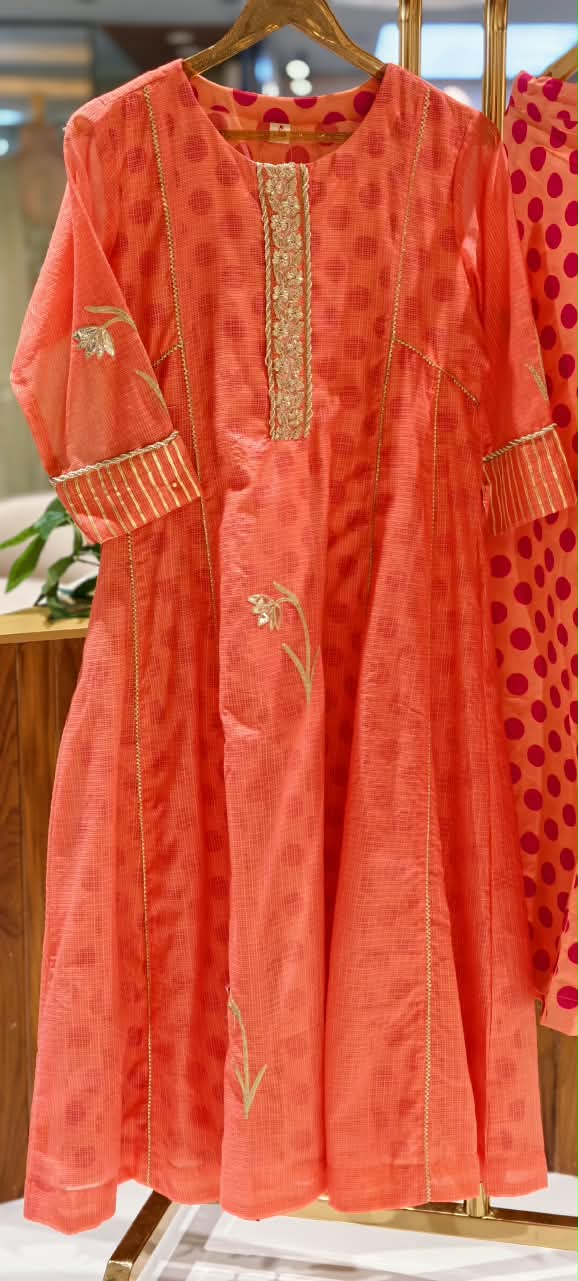 Graceful Peach Golden Zarina Embroidered Detailing Kota Doria A-Line Kurta Pant Set- 16404