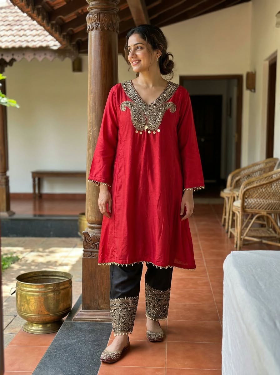 Subtle Mango Booti With Coin Motifs Side Panel Short Length Kurta With Contrasted Bottom Indo-Wear- 16435