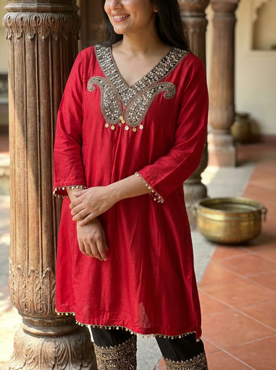 Subtle Mango Booti With Coin Motifs Side Panel Short Length Kurta With Contrasted Bottom Indo-Wear- 16435
