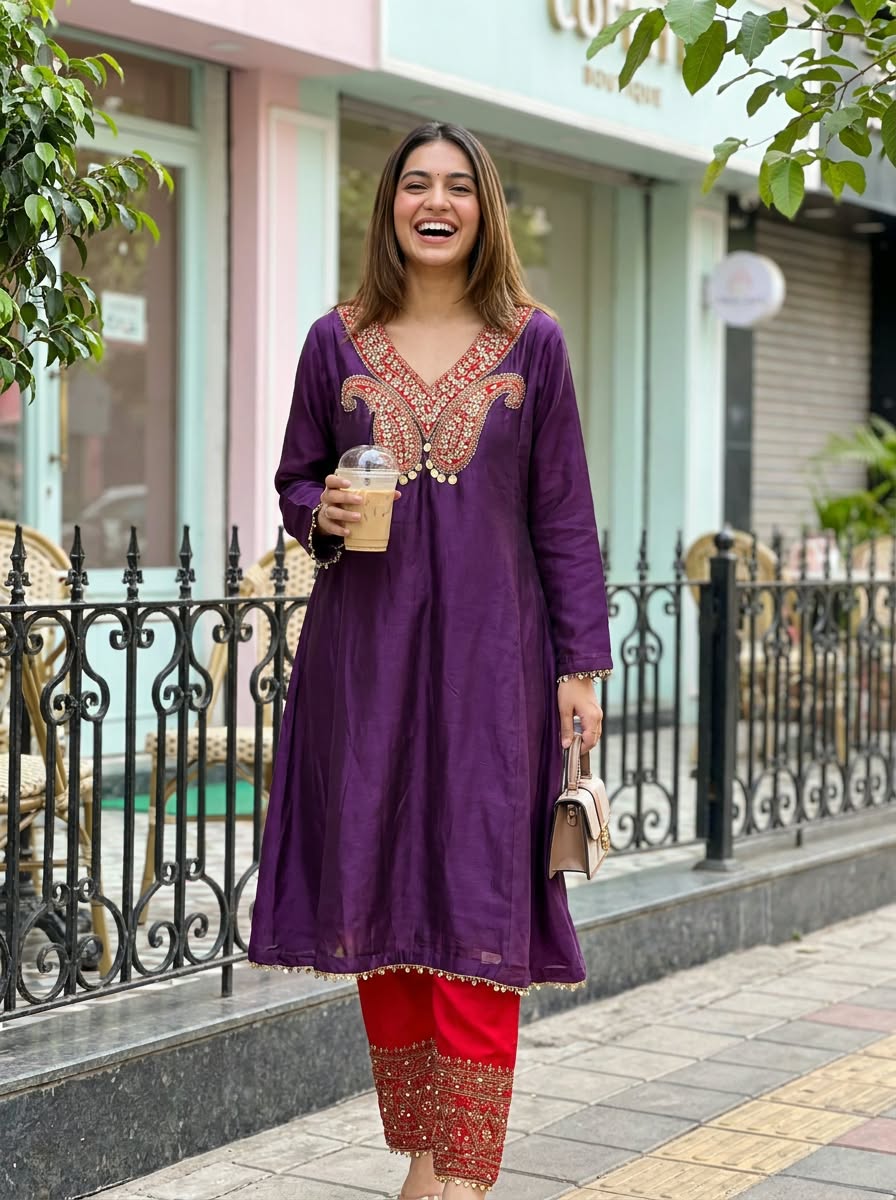 Subtle Mango Booti With Coin Motifs Side Panel Short Length Kurta With Contrasted Bottom Indo-Wear- 16435