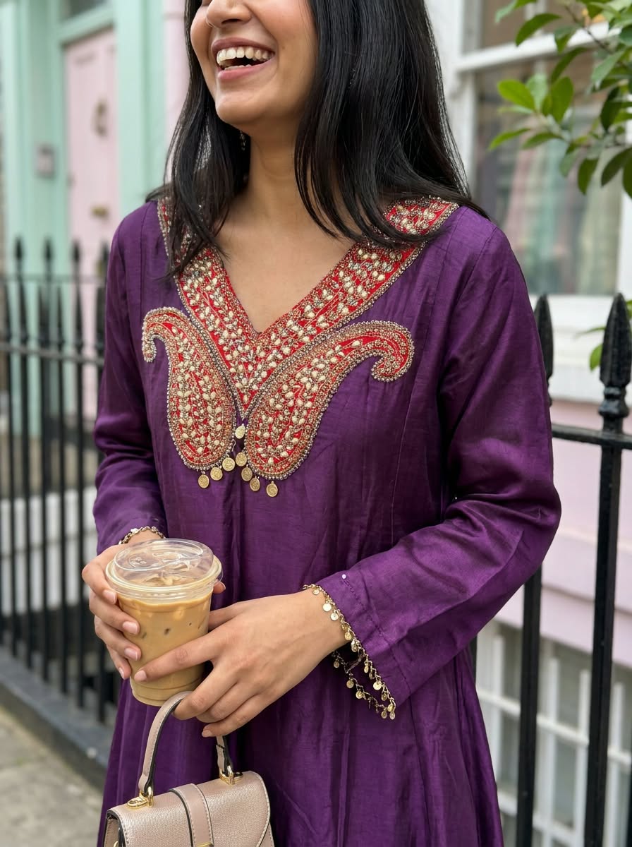 Subtle Mango Booti With Coin Motifs Side Panel Short Length Kurta With Contrasted Bottom Indo-Wear- 16435