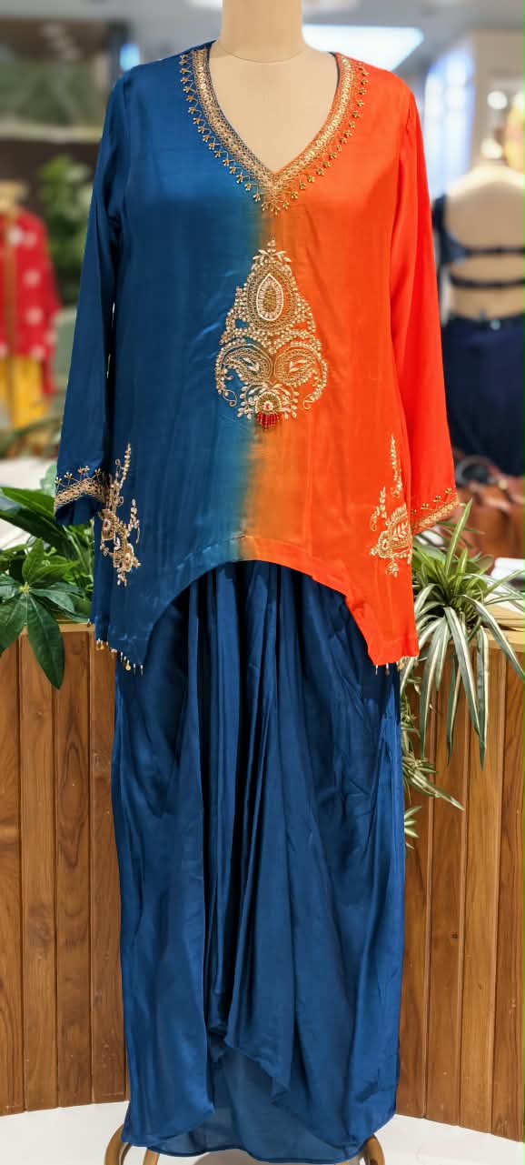 Delicate Zardosi Kundan Look Embroidered Work Twin Contrasted Indo-Wear High-Low Kurta With Drape Bottom- 16415