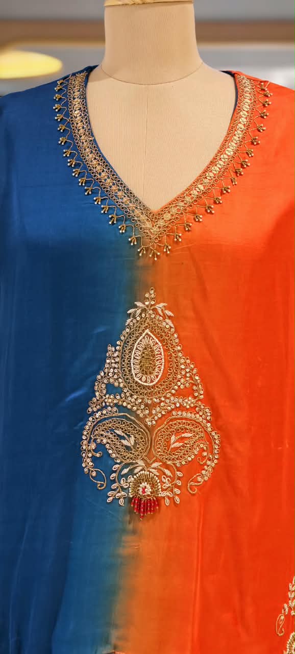 Delicate Zardosi Kundan Look Embroidered Work Twin Contrasted Indo-Wear High-Low Kurta With Drape Bottom- 16415