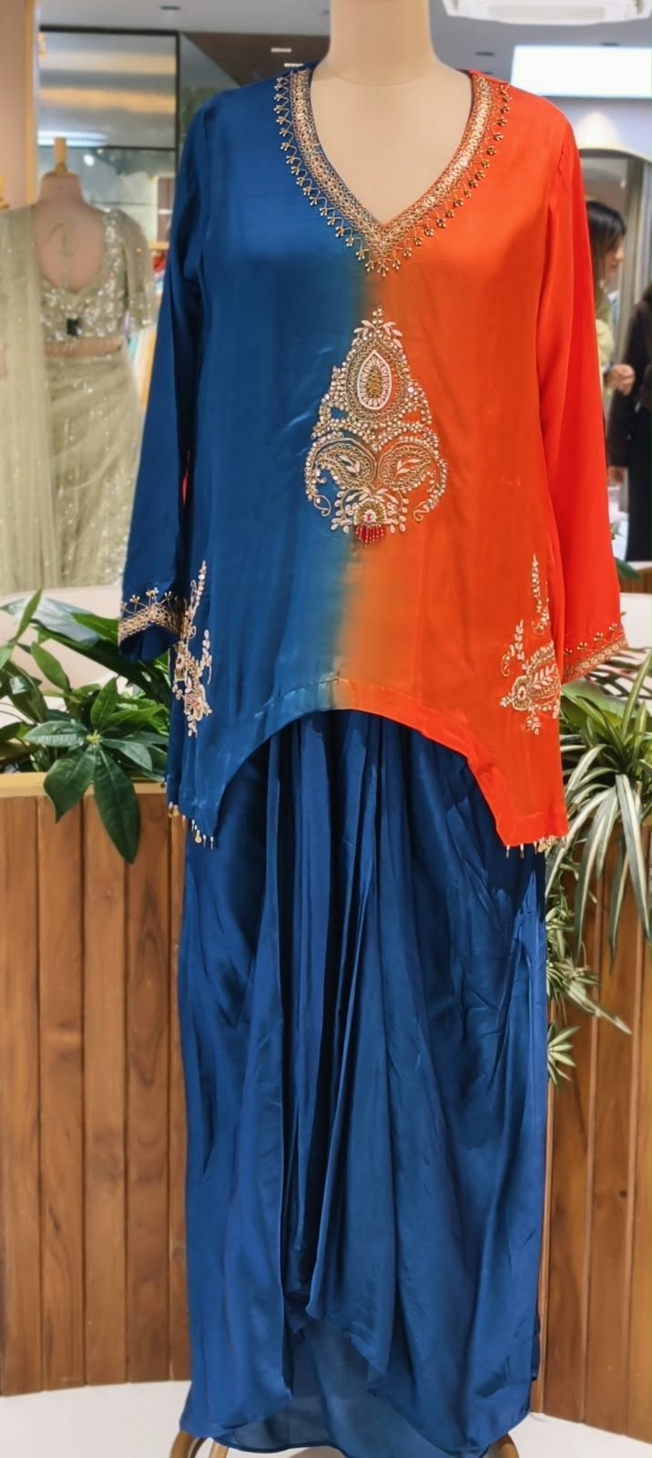 Delicate Zardosi Kundan Look Embroidered Work Twin Contrasted Indo-Wear High-Low Kurta With Drape Bottom- 16415