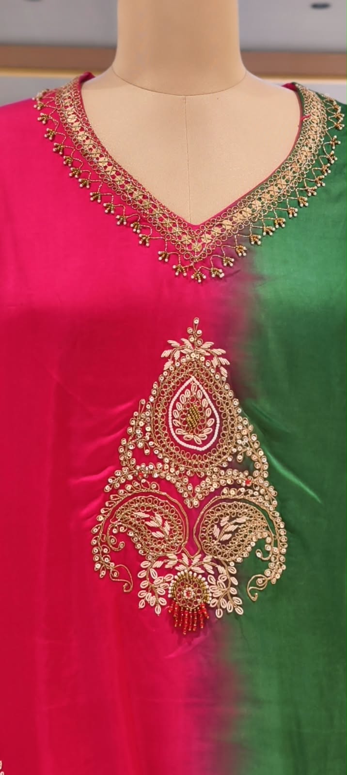 Delicate Zardosi Kundan Look Embroidered Work Twin Contrasted Indo-Wear High-Low Kurta With Drape Bottom- 16415