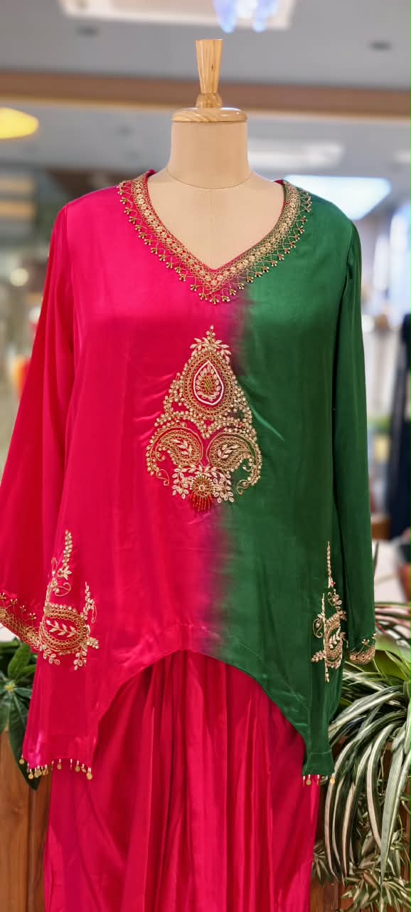 Delicate Zardosi Kundan Look Embroidered Work Twin Contrasted Indo-Wear High-Low Kurta With Drape Bottom- 16415