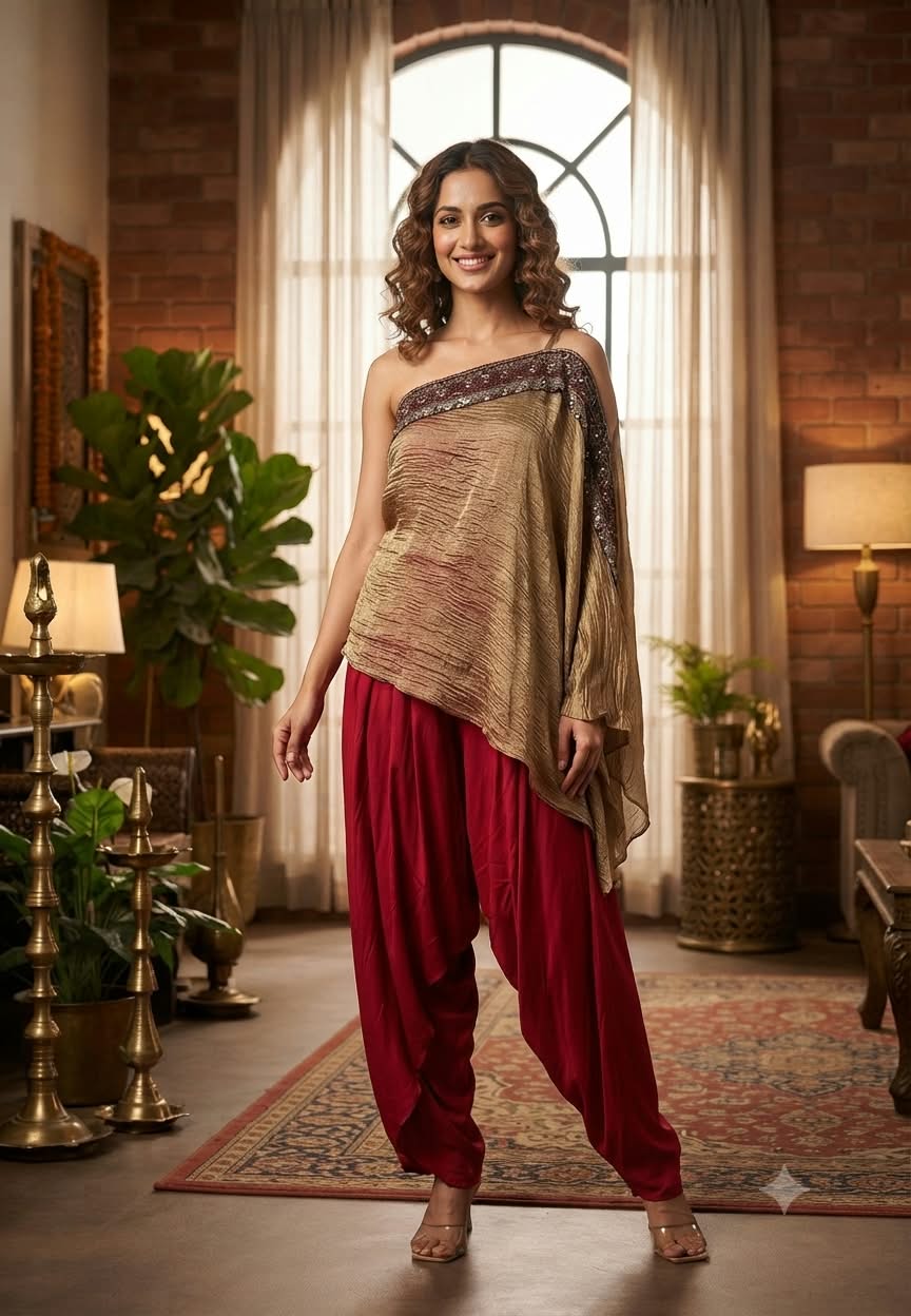 Ruby Blossom Stylish One Sided Off Shoulder Crush Look Flared Kurta With Loose Vibrant Bottom  Indo-Wear- 16421