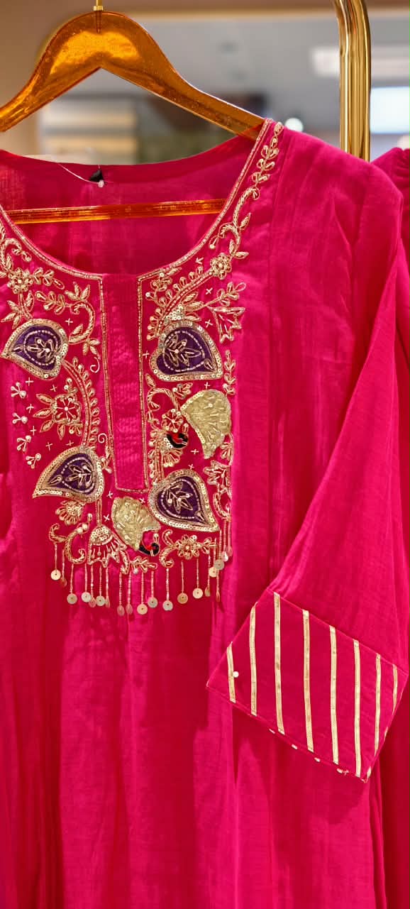 Leaf Embroidered Yoke With Sequin Highlights & Tassels A-Line Mul-Chanderi Full Suit Set With Dupatta- 16433