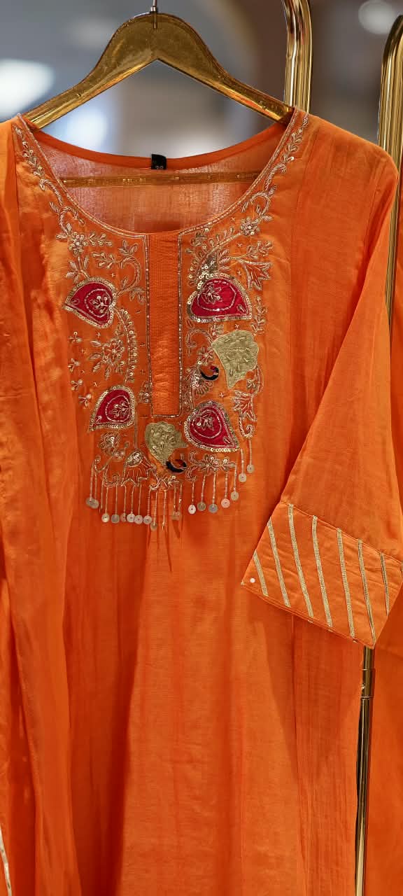 Leaf Embroidered Yoke With Sequin Highlights & Tassels A-Line Mul-Chanderi Full Suit Set With Dupatta- 16433
