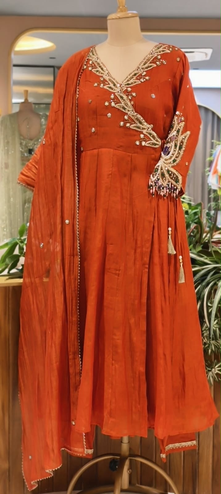 Subtle Beads & Booti Motifs Angrakha Mul-Chanderi Anarkali Full Suit Set With Dupatta With Heavy Crystal Dangles- 16434
