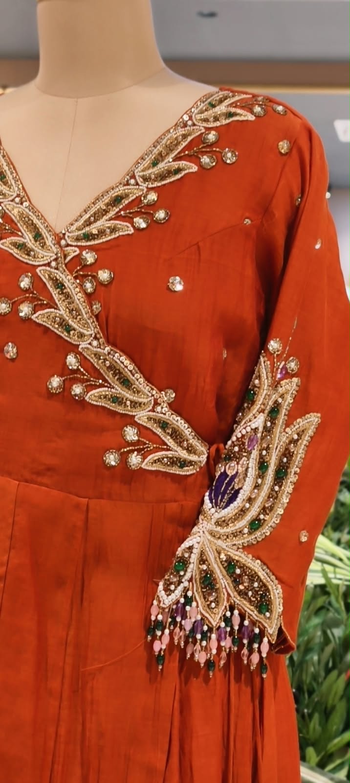 Subtle Beads & Booti Motifs Angrakha Mul-Chanderi Anarkali Full Suit Set With Dupatta With Heavy Crystal Dangles- 16434