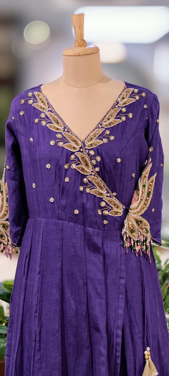 Subtle Beads & Booti Motifs Angrakha Mul-Chanderi Anarkali Full Suit Set With Dupatta With Heavy Crystal Dangles- 16434