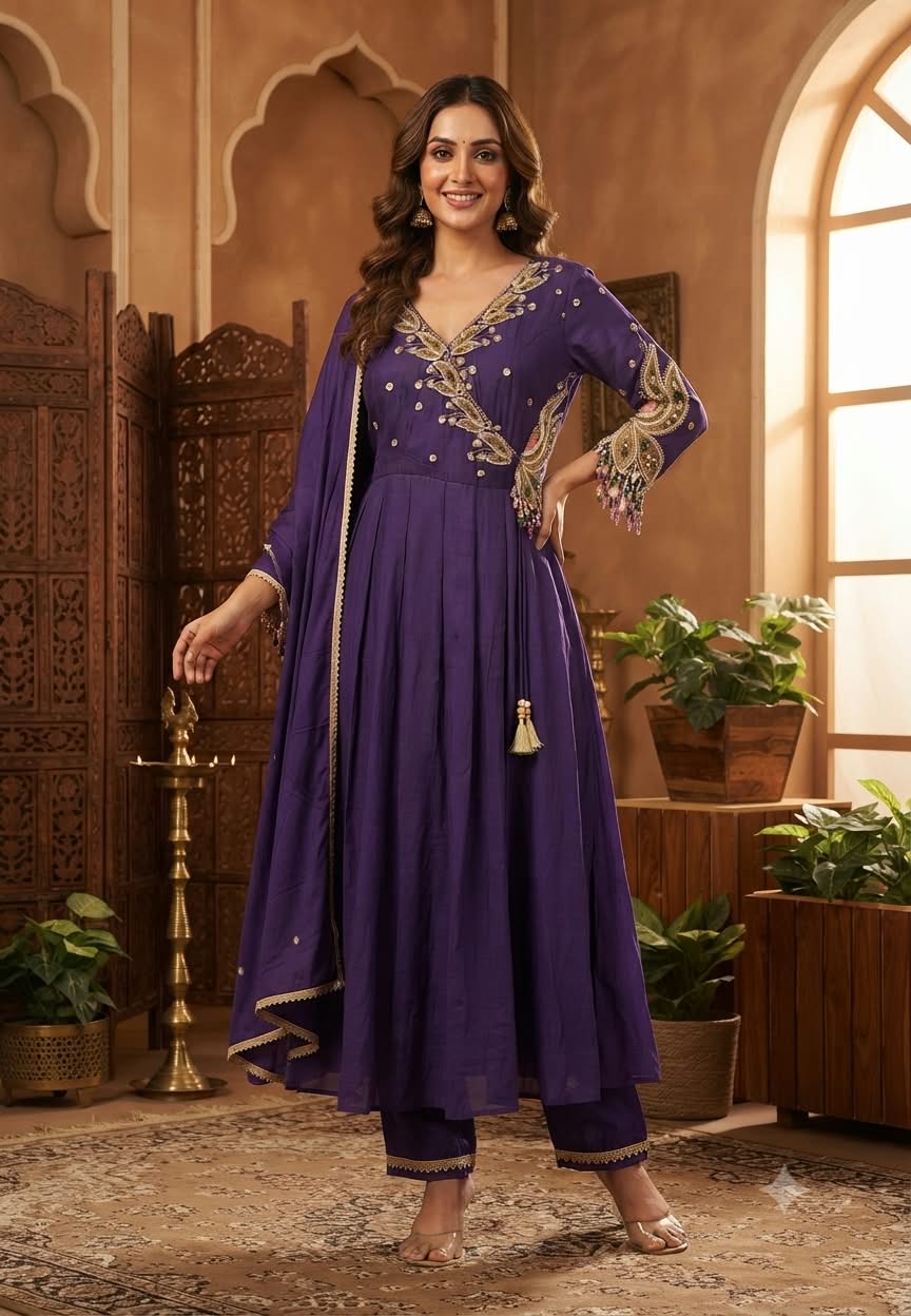 Subtle Beads & Booti Motifs Angrakha Mul-Chanderi Anarkali Full Suit Set With Dupatta With Heavy Crystal Dangles- 16434