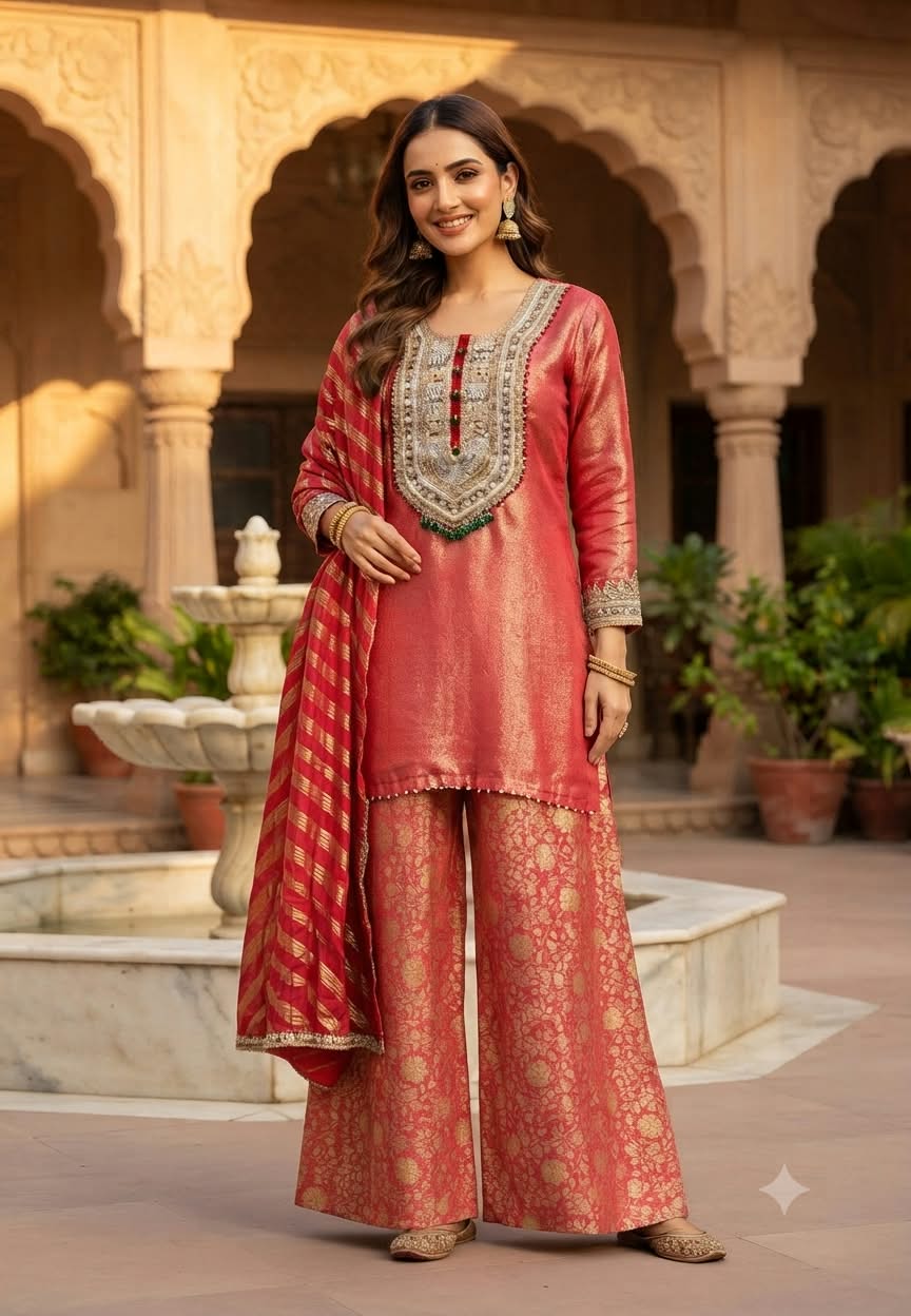 Designer Bold Embroidery Beaded Yoke Tissue Full Suit Set With Striped Dupatta & Brocade Panel Loose Bottom- 16400