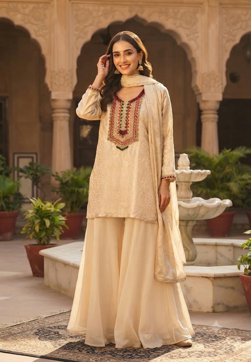 Sheer Brocade Vibrant Beaded Highlights Front Design Full Suit Set With Striped Dupatta & Chinon Palazzo Bottom- 16399