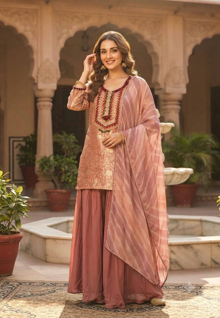 Sheer Brocade Vibrant Beaded Highlights Front Design Full Suit Set With Striped Dupatta & Chinon Palazzo Bottom- 16399