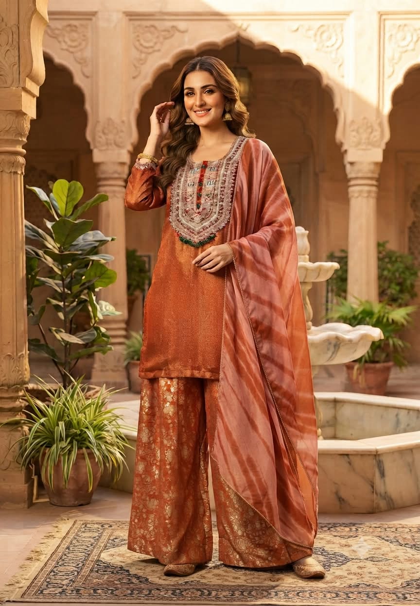 Designer Bold Embroidery Beaded Yoke Tissue Full Suit Set With Striped Dupatta & Brocade Panel Loose Bottom- 16400
