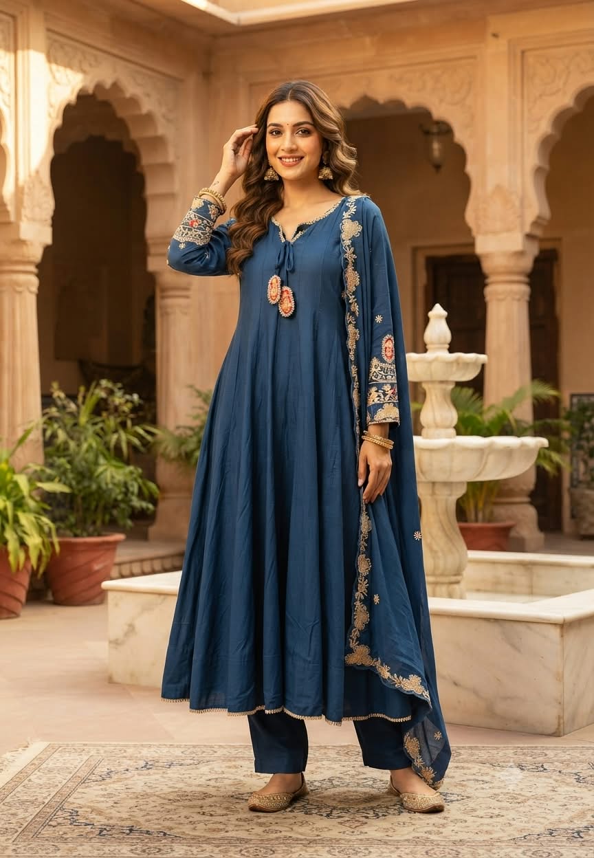 Golden Gotta Ribbon Moti & Sitara Detailing Panel Anarkali Full Suit Set With Dupatta- 16426