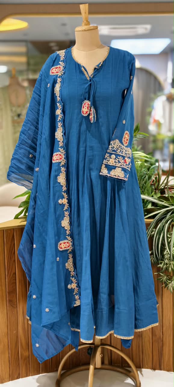 Golden Gotta Ribbon Moti & Sitara Detailing Panel Anarkali Full Suit Set With Dupatta- 16426