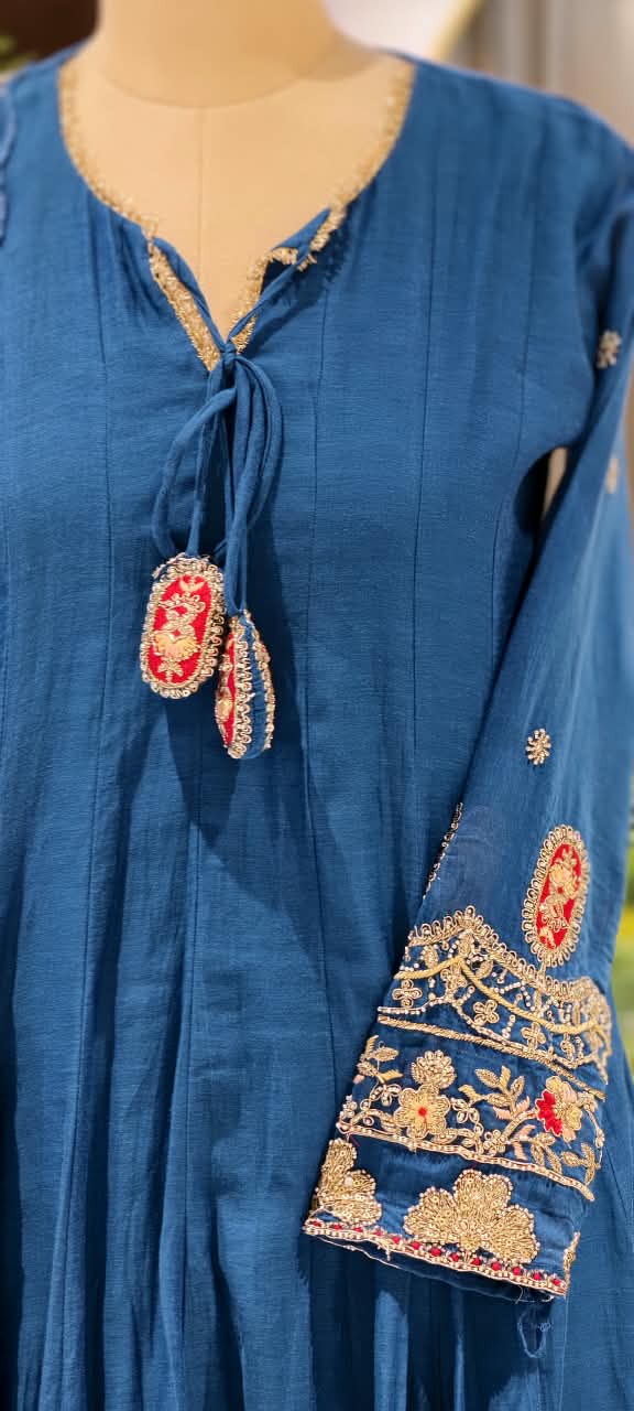 Golden Gotta Ribbon Moti & Sitara Detailing Panel Anarkali Full Suit Set With Dupatta- 16426