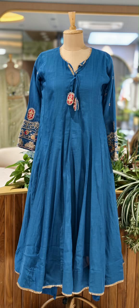 Golden Gotta Ribbon Moti & Sitara Detailing Panel Anarkali Full Suit Set With Dupatta- 16426