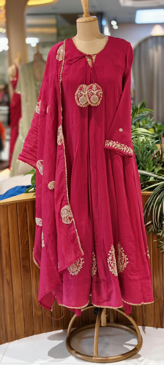 Golden Gotta Ribbon Moti & Sitara Detailing Panel Anarkali Full Suit Set With Dupatta- 16426