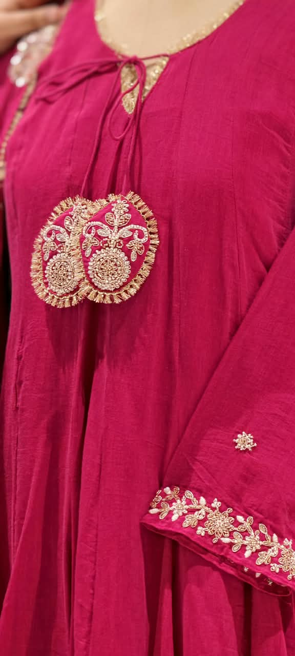 Golden Gotta Ribbon Moti & Sitara Detailing Panel Anarkali Full Suit Set With Dupatta- 16426