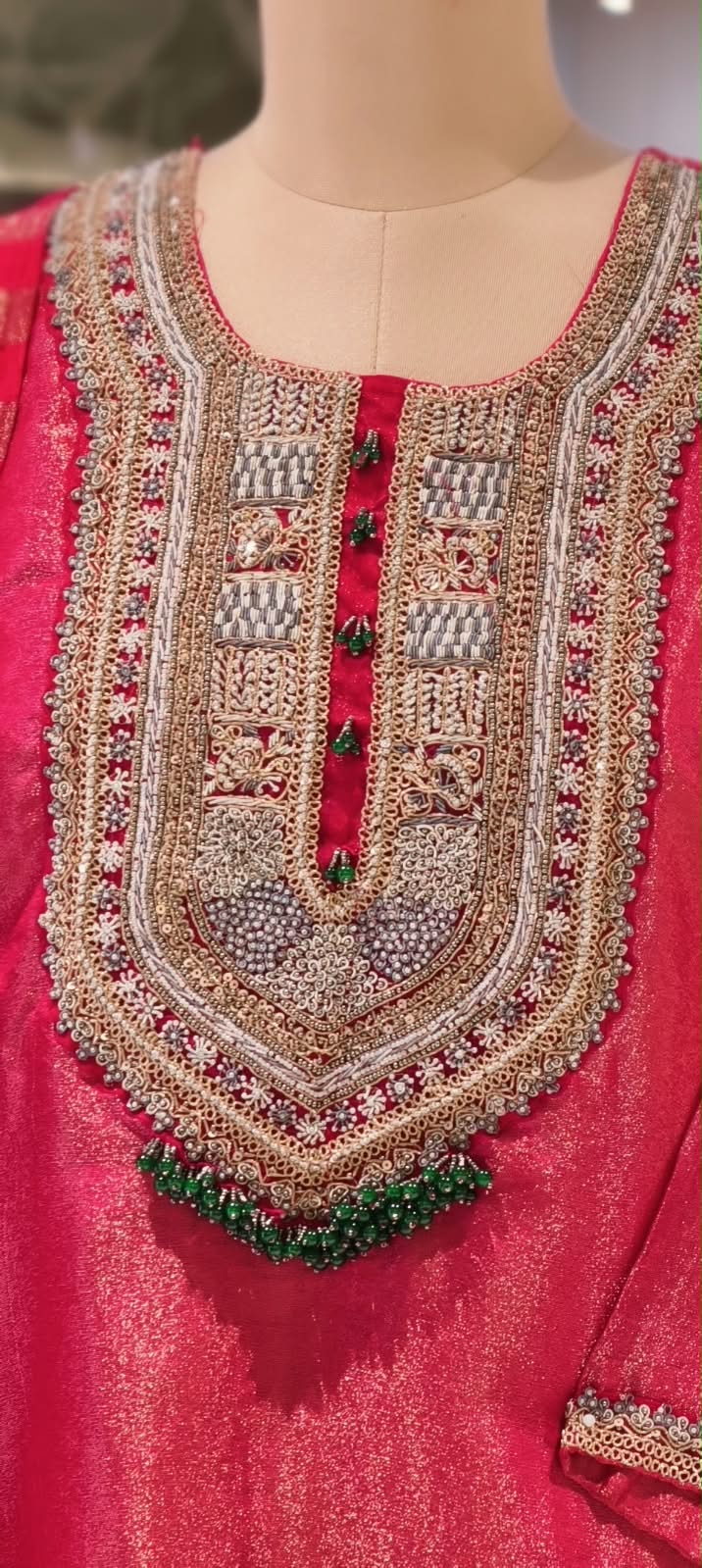 Designer Bold Embroidery Beaded Yoke Tissue Full Suit Set With Striped Dupatta & Brocade Panel Loose Bottom- 16400