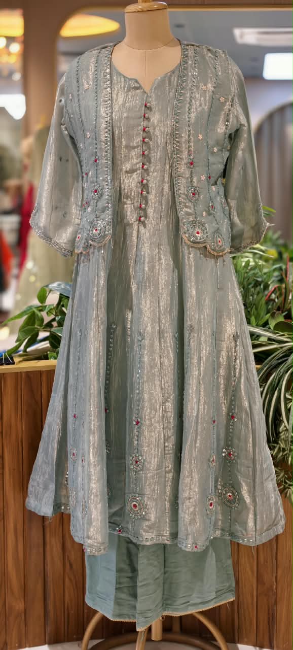 Butter Shine Elegant Shimmer Tissue Outer Style A-Line Kurta Pant Set With Delicate Crystal Embroidery Work- 16423
