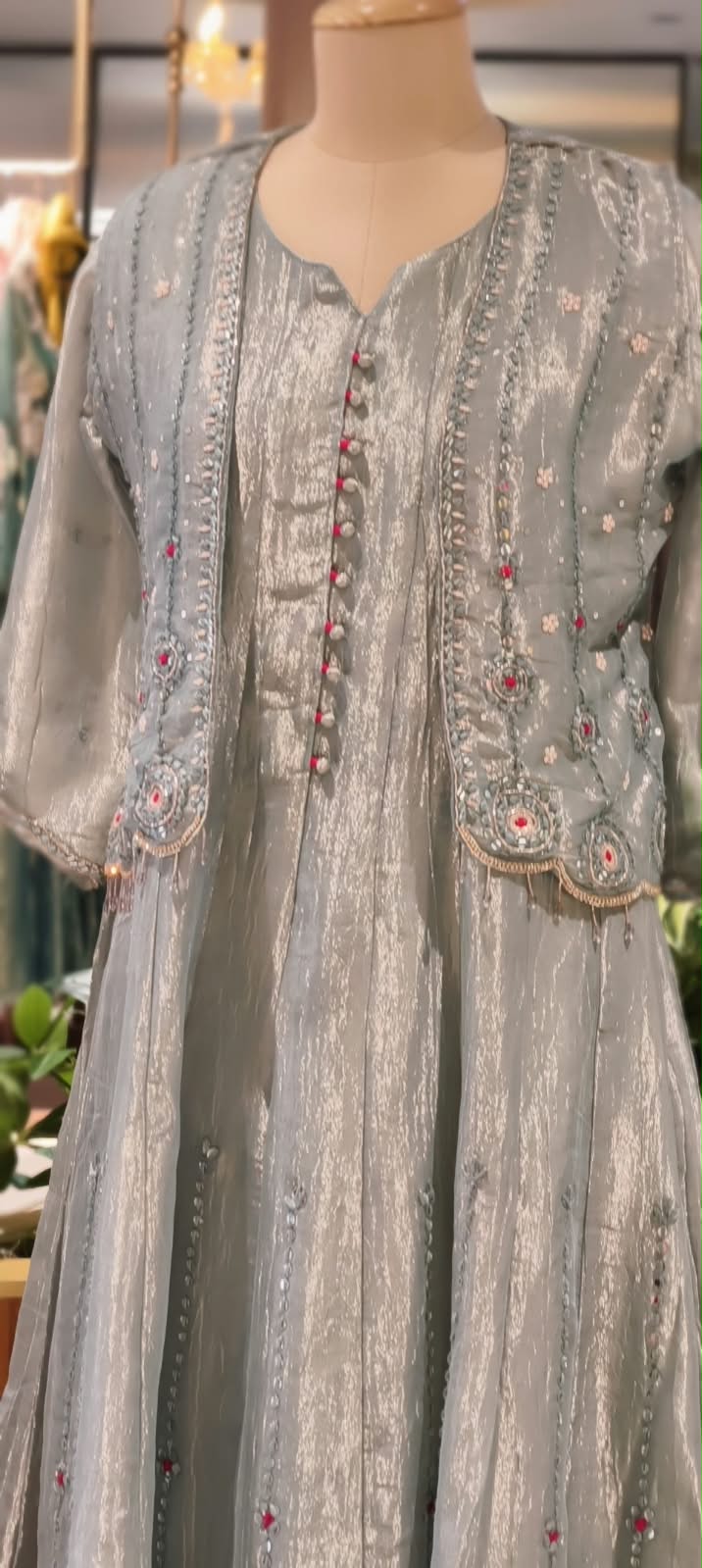 Butter Shine Elegant Shimmer Tissue Outer Style A-Line Kurta Pant Set With Delicate Crystal Embroidery Work- 16423
