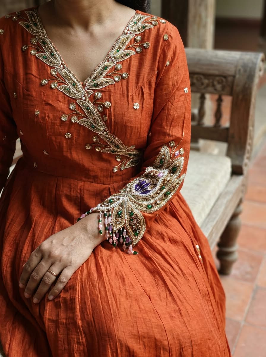 Subtle Beads & Booti Motifs Angrakha Mul-Chanderi Anarkali Full Suit Set With Dupatta With Heavy Crystal Dangles- 16434