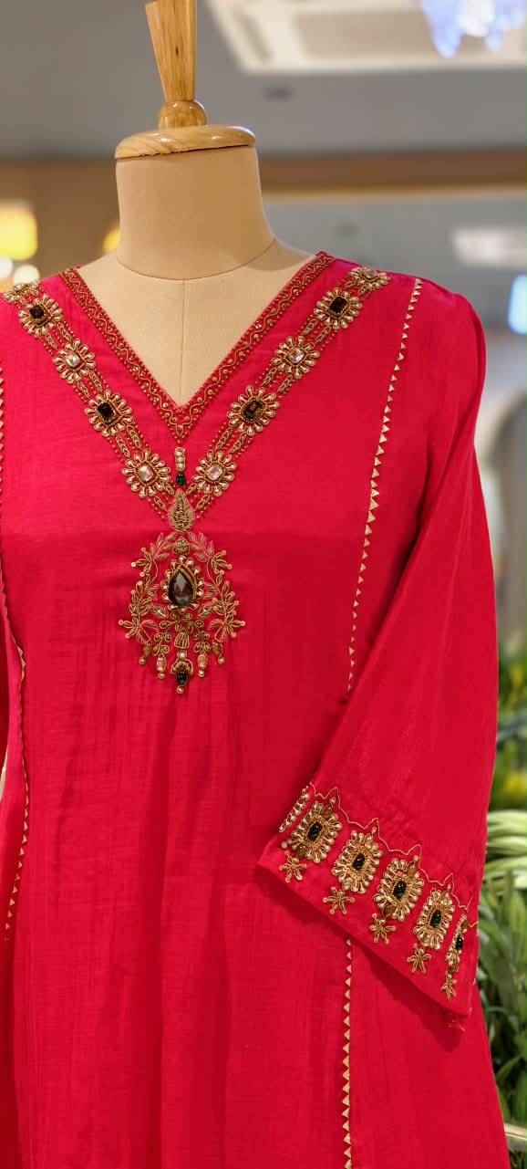 Jewel Blossom Stone Beaded Embroidered Work A-Line Lace Side Panel A-Line Full Suit Set With Dupatta- 16436